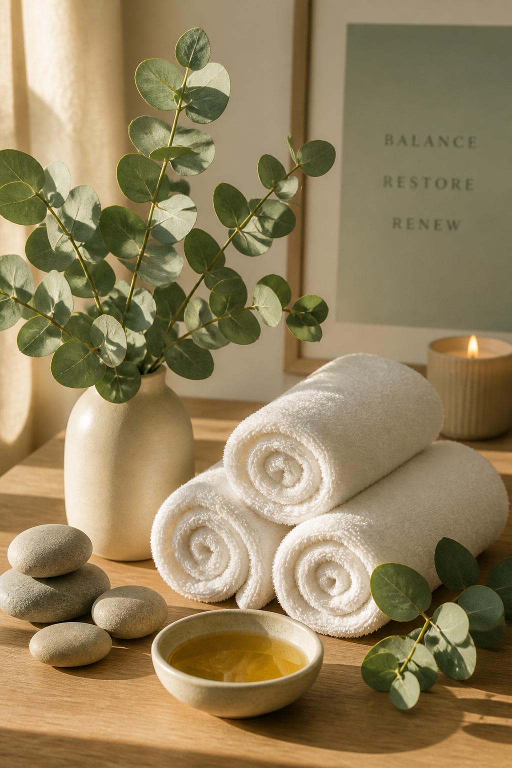 Calming wellness still life with eucalyptus and towels