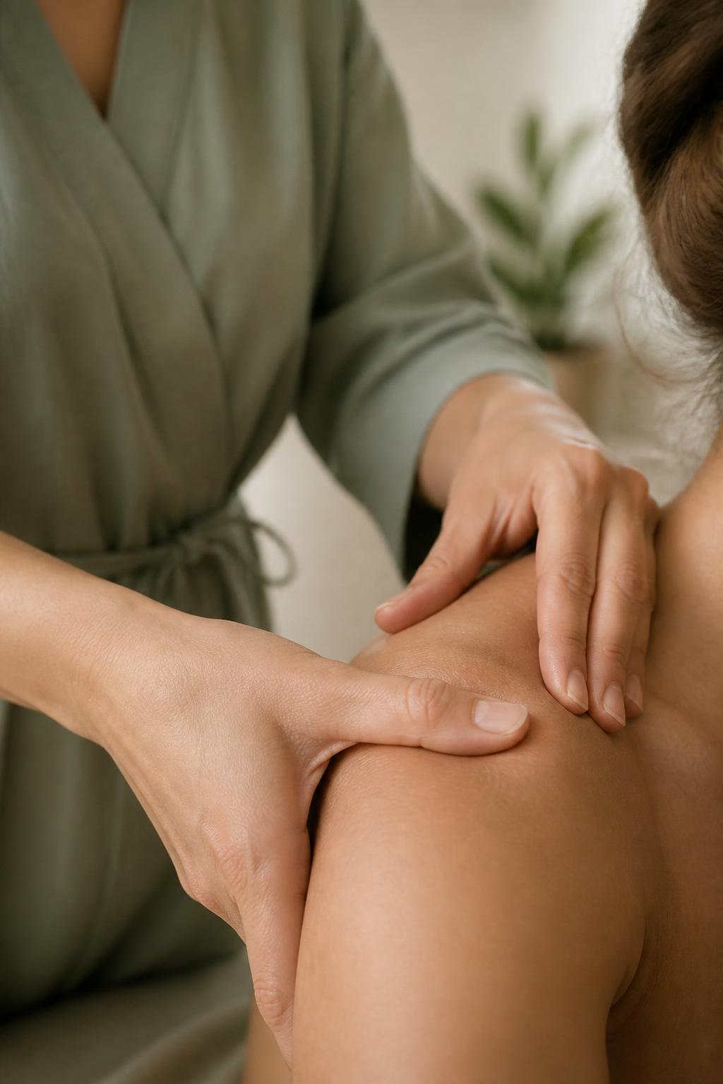 Therapist treating client's shoulder